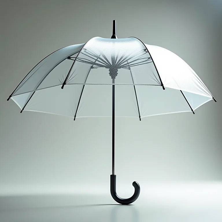 Detalhe da estrutura interna e materiais de um guarda-chuva transparente.