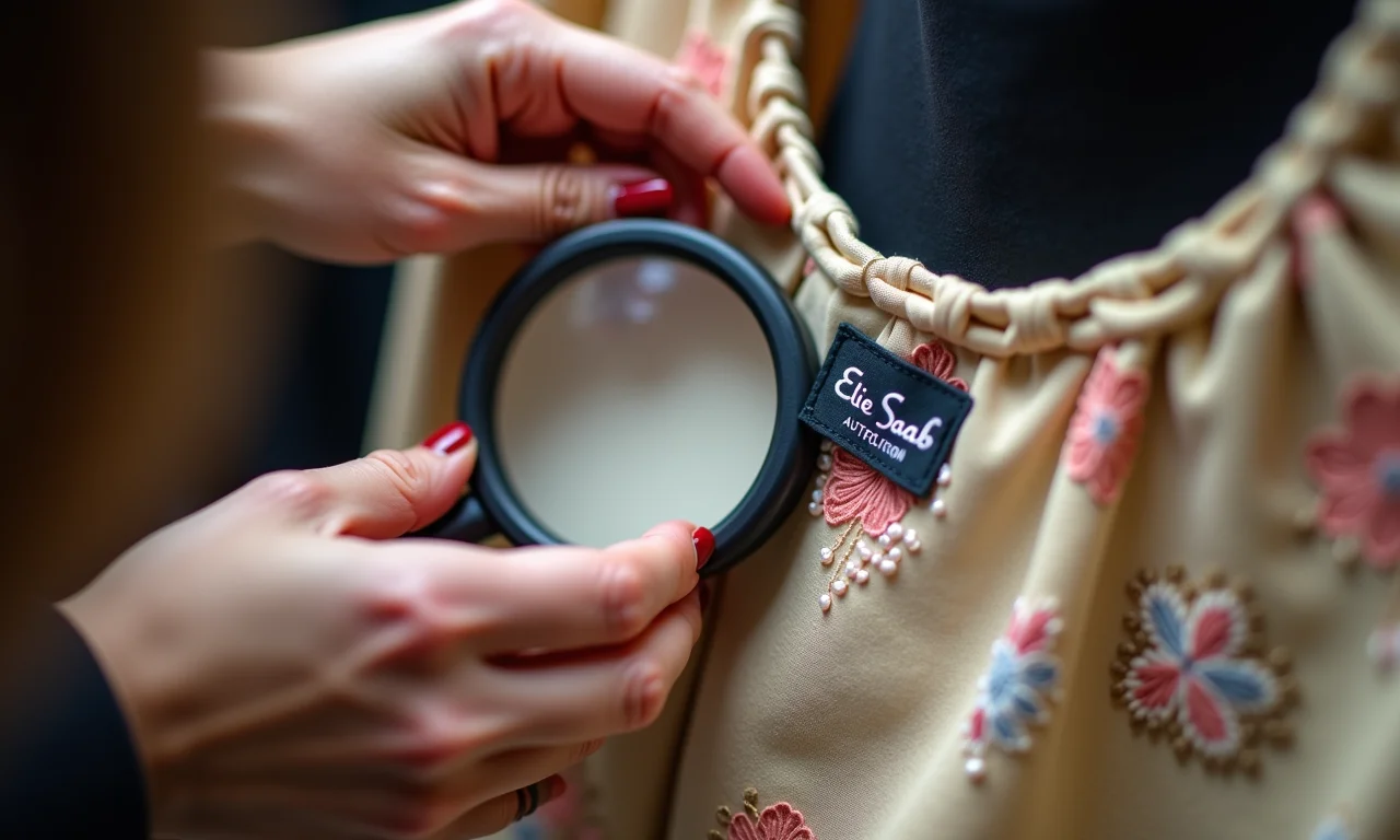 Detalhe da etiqueta e bordado de vestido Elie Saab, verificação de autenticidade.