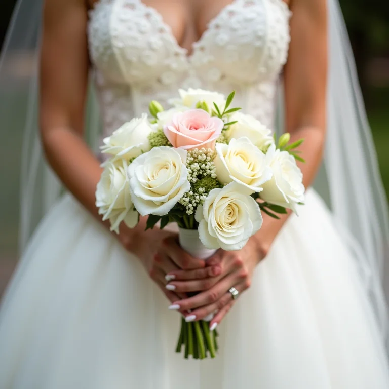 Detalhe das mãos da noiva segurando buquê com renda e tule.