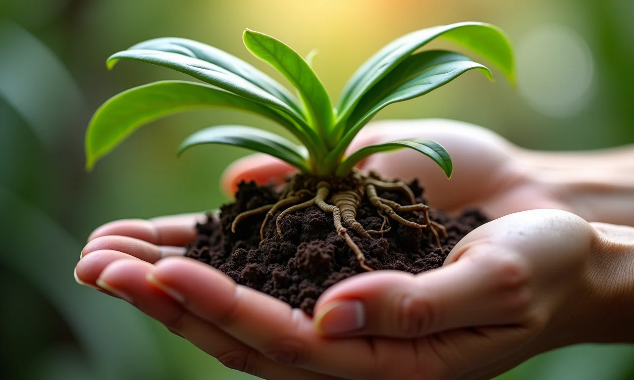 Detalhe das raízes e folhas de uma orquídea saudável.