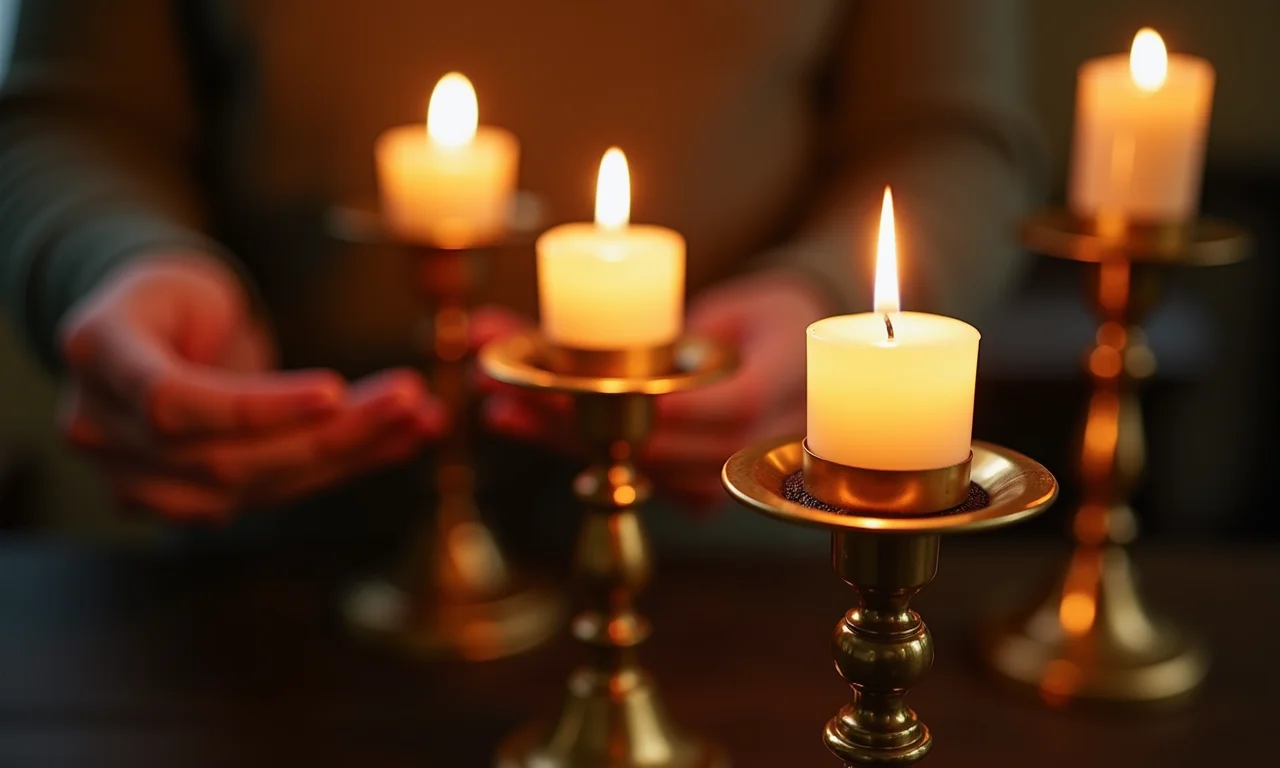 Detalhe de mãos acendendo velas em castiçais de latão vintage.
