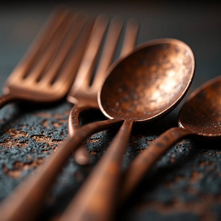 Detalhe de talheres de cobre oxidados mostrando a textura do metal.