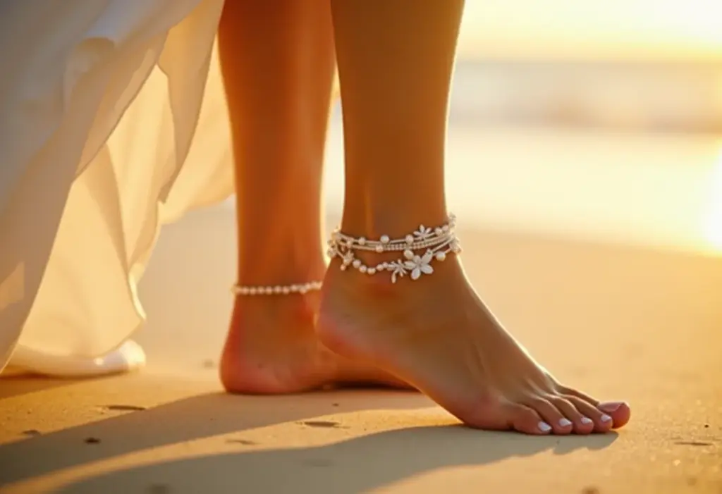 Tornozeleira de noiva: o toque boho chic que a praia pede Detalhe de tornozeleira delicada em noiva na praia
