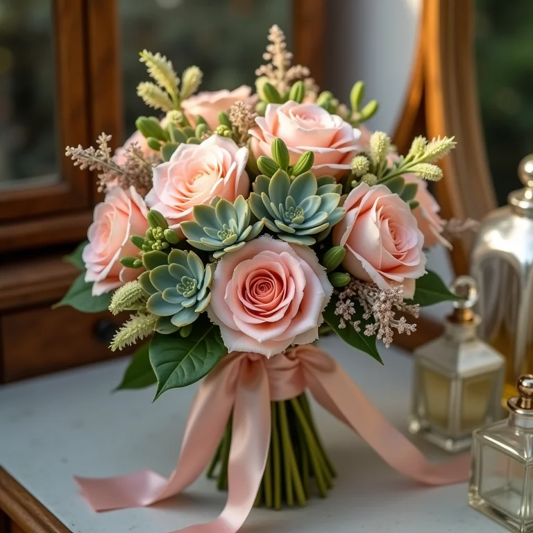 Detalhe de um buquê romântico de suculentas em tons pastel
