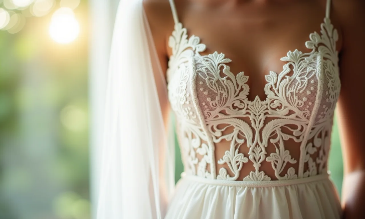 Detalhe de um delicado vestido de noiva midi com renda, capturado em close-up.