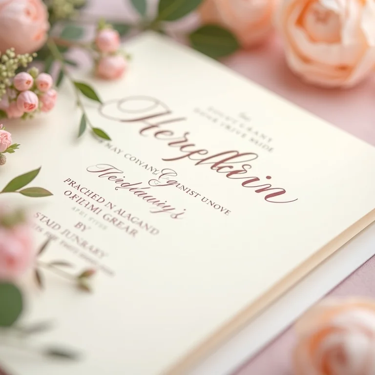 Detalhe de um programa de cerimônia de casamento com caligrafia elegante
