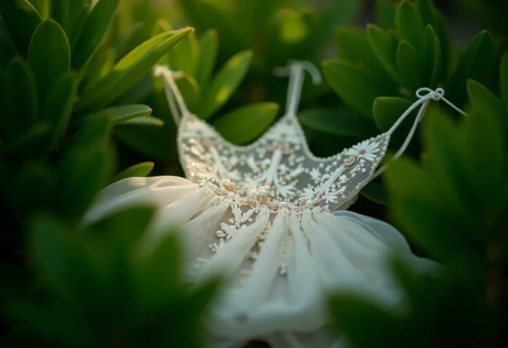 Vestido de noiva fairycore: 6 modelos mágicos para sonhar Detalhe de vestido de noiva fairycore com bordados florais.