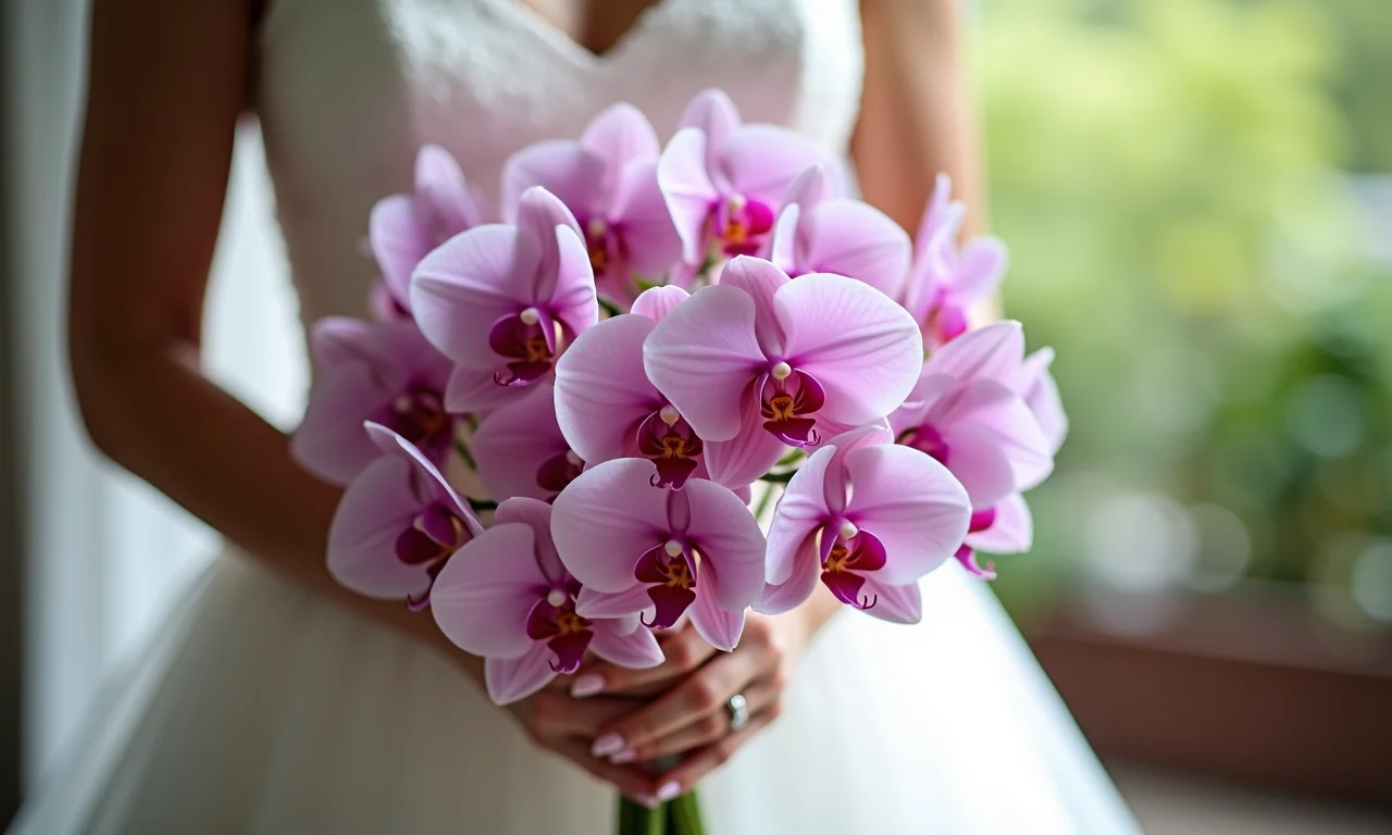 Detalhe do buquê de orquídeas na mão da noiva.