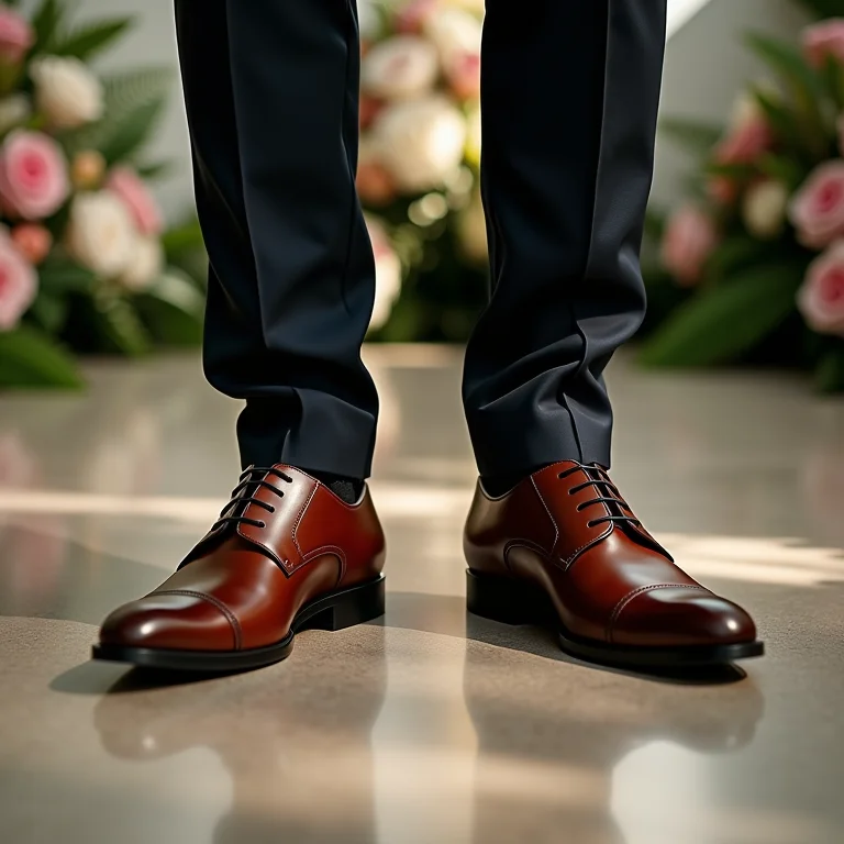 Detalhe dos sapatos Monk Strap do noivo no altar.