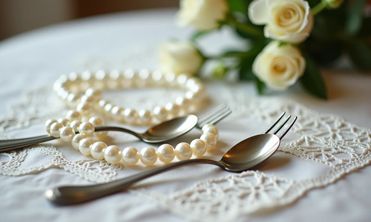 Detalhes da decoração de casamento vintage: toalha de renda e talheres antigos.