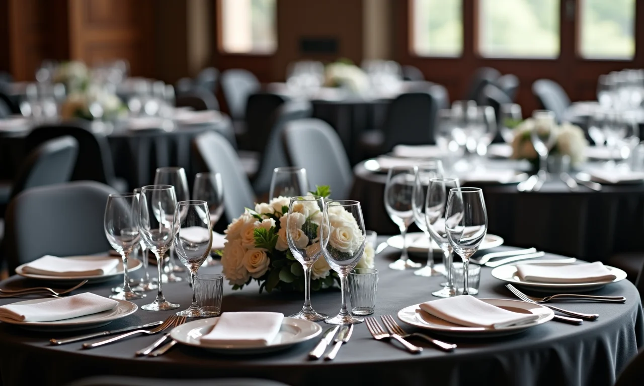 Detalhes da decoração em preto e branco: louças de cristal, talheres de prata e tecidos texturizados.