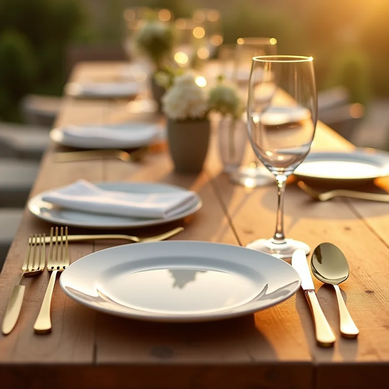 Detalhes de uma mesa moderna sem toalha com talheres dourados, taças de cristal e pratos brancos minimalistas.