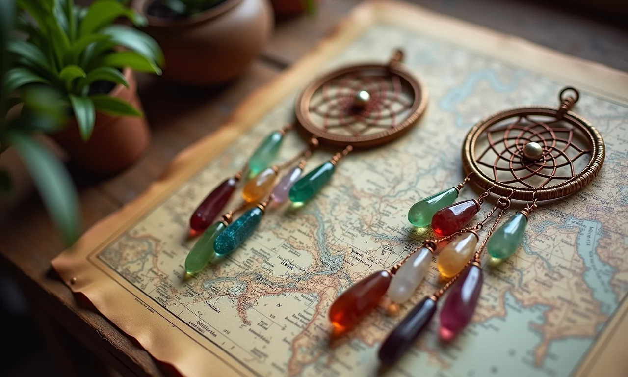 Detalhes personalizados boho chic com filtro dos sonhos, cristais e mapas vintage.