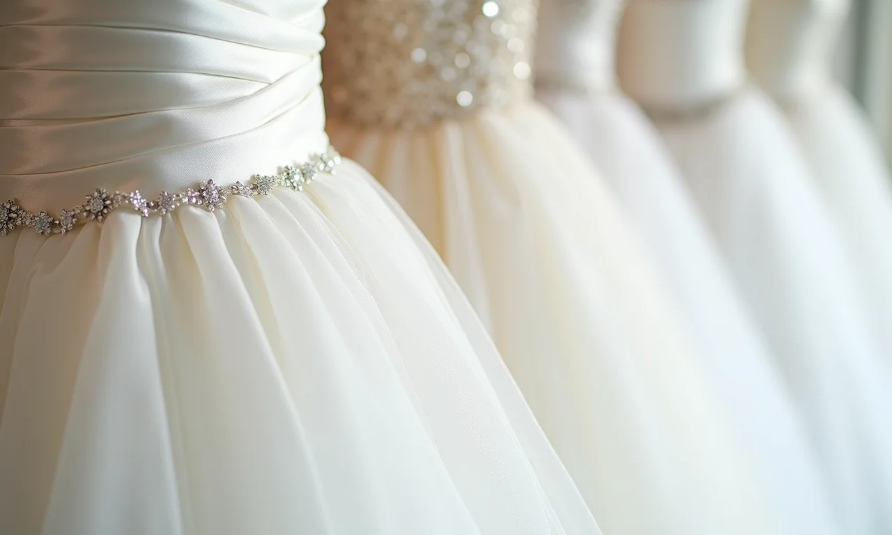 Diferentes tecidos para vestidos de noiva princesa: cetim, tule, renda.