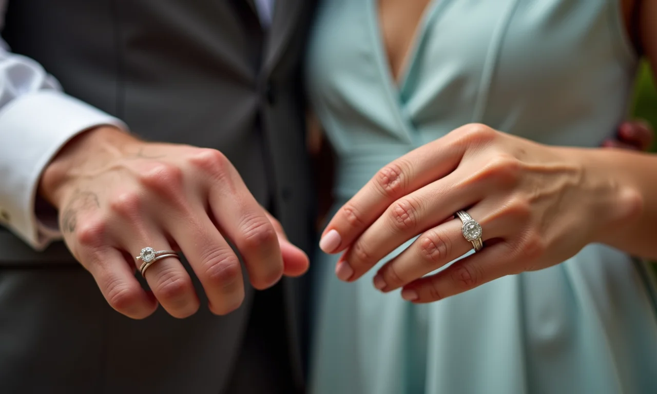 Dois casais: um trocando alianças de casamento, outro celebrando o noivado com aliança de noivado.