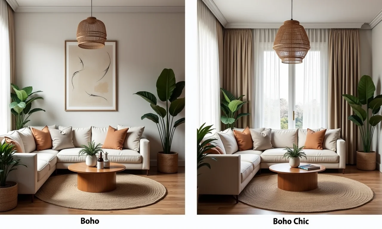Dois designs distintos de sala de estar, 'Boho' e 'Boho Chic'.