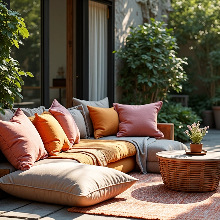 Espaço ao ar livre com almofadas coloridas e texturas.