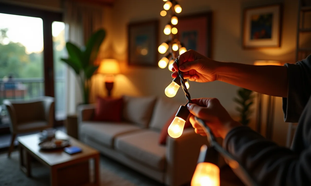 Especialista ajustando bolas de luz em sala.