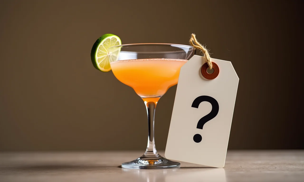 Etiqueta de preço ao lado de um copo de cocktail, representando o custo.