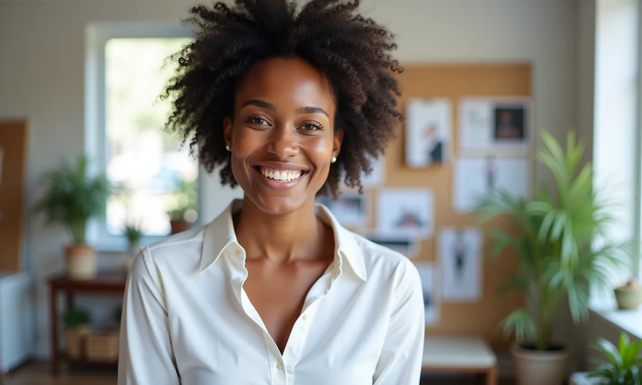 Expert em casamentos sorri em seu escritório inspirador.