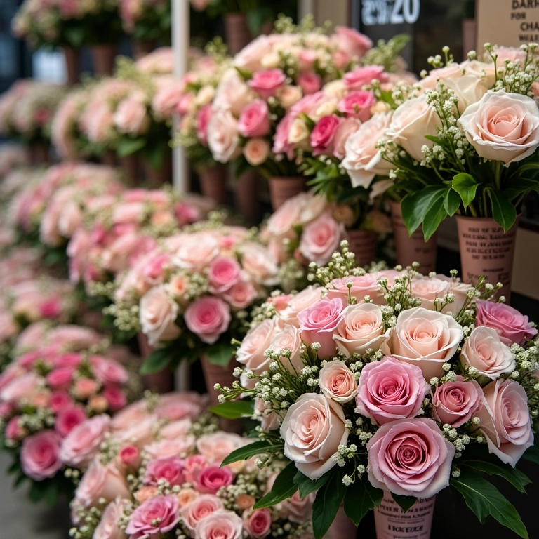 Exposição de buquês de noiva redondos com preços.