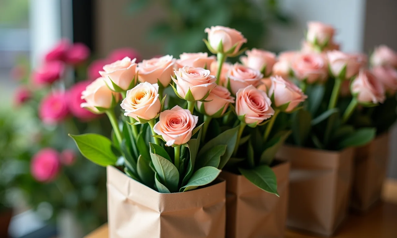 Flores plantadas embaladas para transporte seguro.