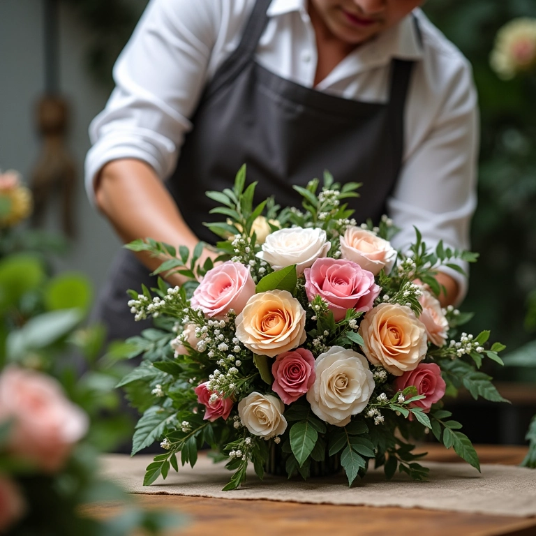 Florista criando um buquê de noiva redondo em seu ateliê.