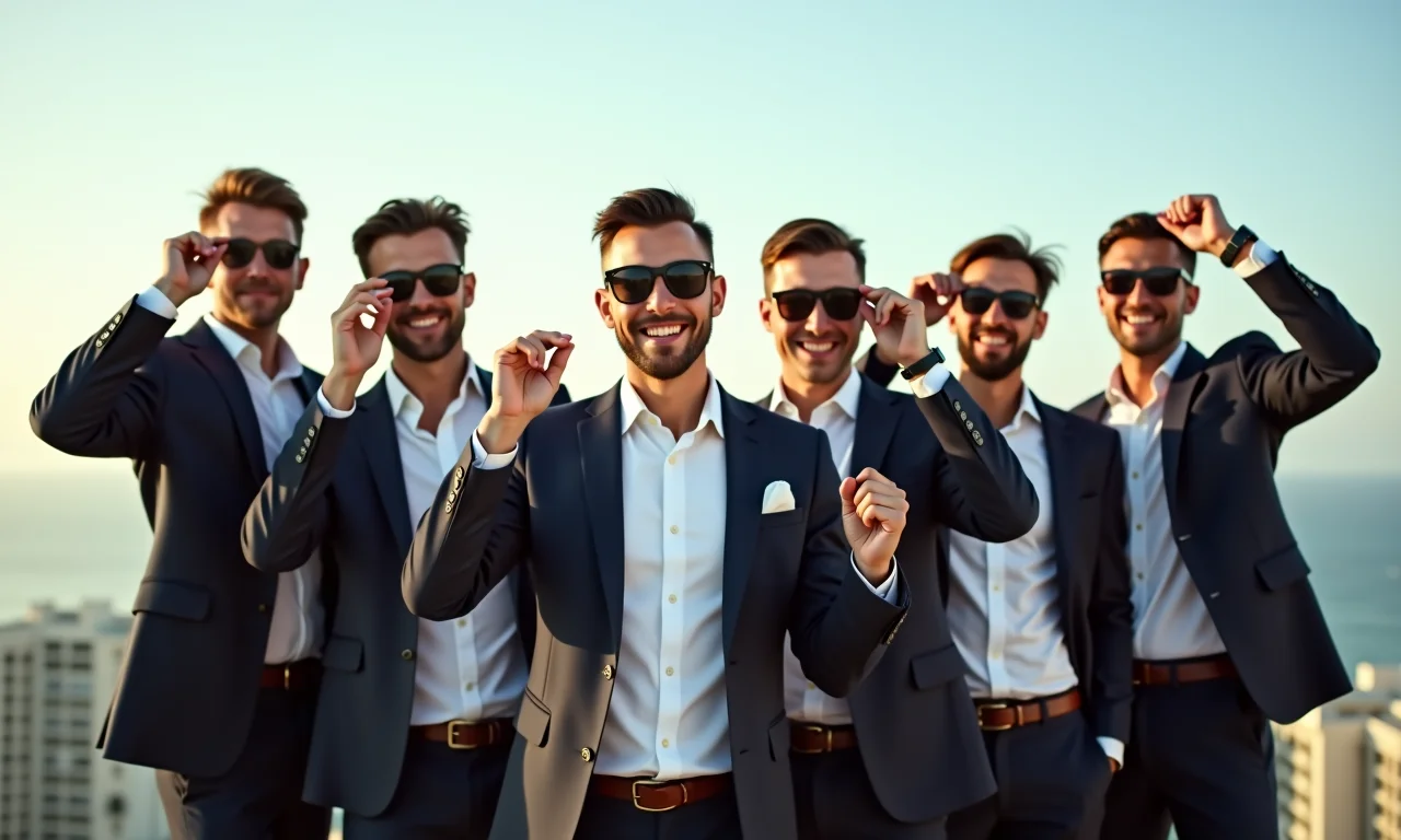 Foto criativa do noivo e padrinhos com óculos de sol.