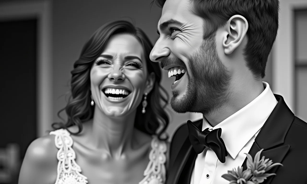 Foto de casamento espontânea em preto e branco de um casal compartilhando um momento alegre.