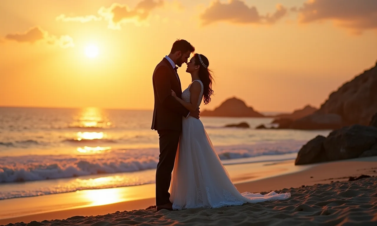Fotógrafo de casamento capturando momento romântico de casal na praia ao pôr do sol.