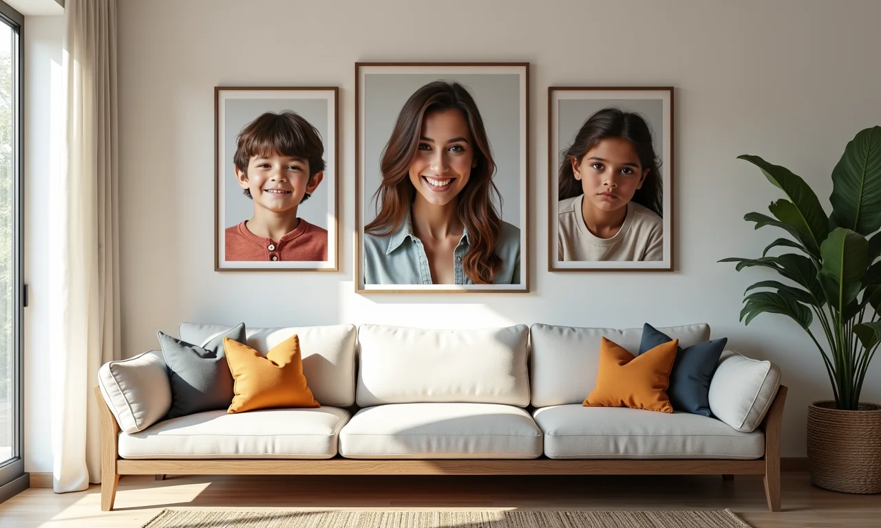 Fotos na parede da sala de estar.