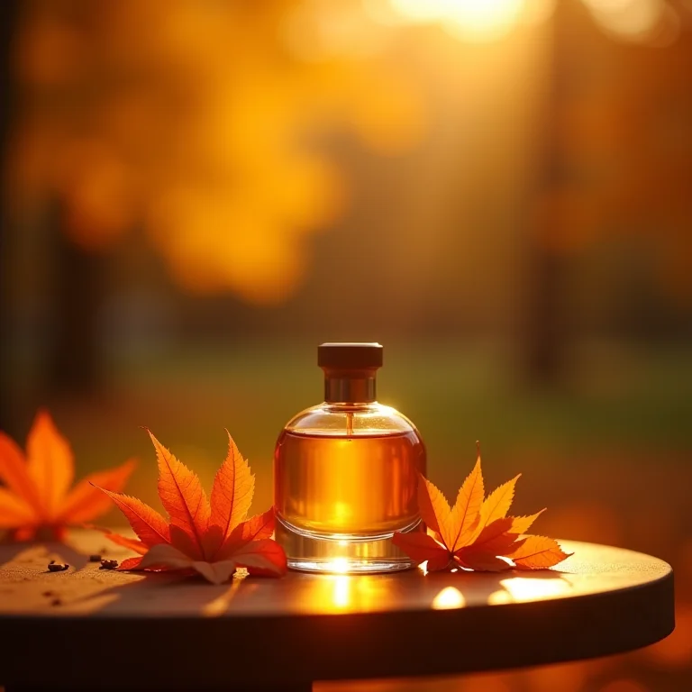 Frasco de perfume em mesa com decoração outonal para casamento.