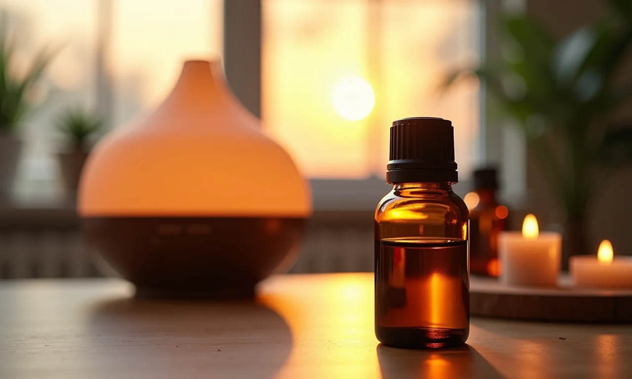 Frascos de óleos essenciais e difusor criando um ambiente relaxante para aromaterapia.