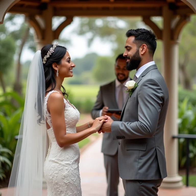 Gazebo como altar: Noivos trocando alianças em cerimônia emocionante.