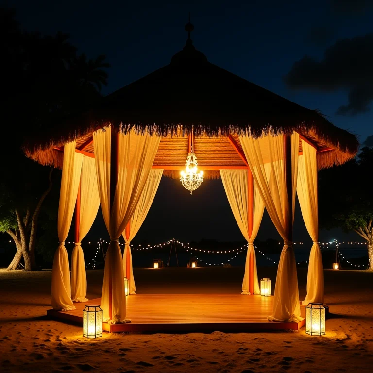 Gazebo iluminado para casamento noturno: Um céu estrelado.