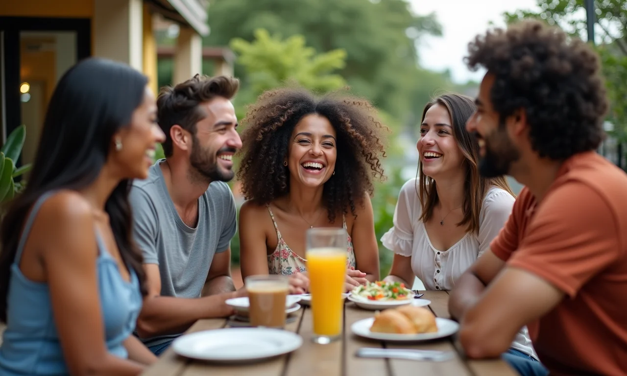 Grupo de amigos rindo em encontro pré-casamento, representando critérios de escolha de padrinhos.