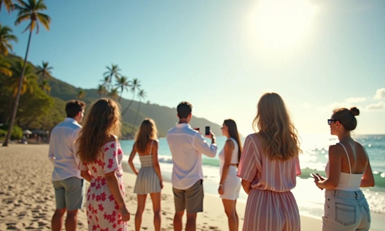 Grupo de pessoas escolhendo um local para casamento na praia.