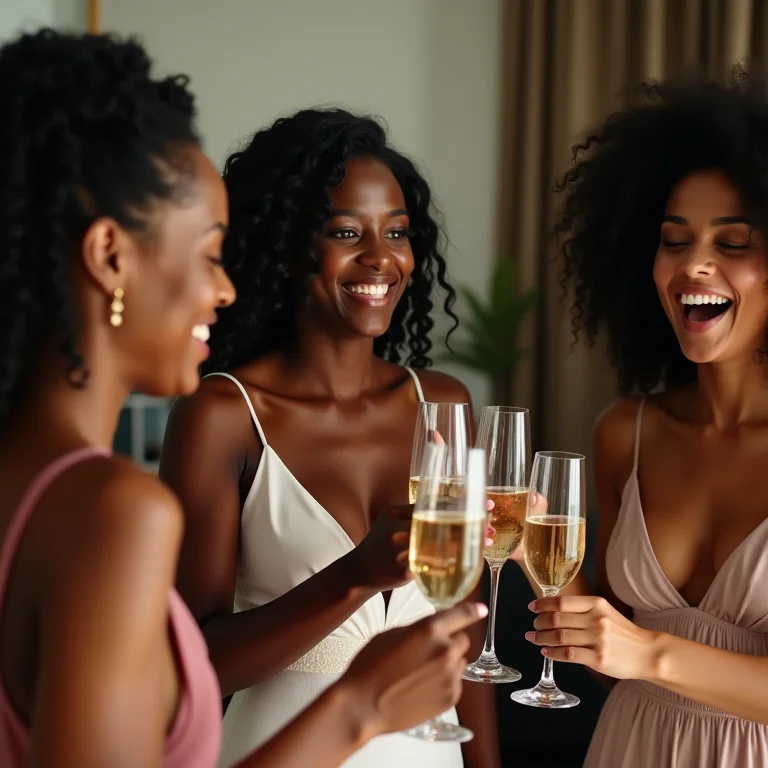 Grupo diverso de mulheres brasileiras celebrando despedida de solteira em hotel de luxo