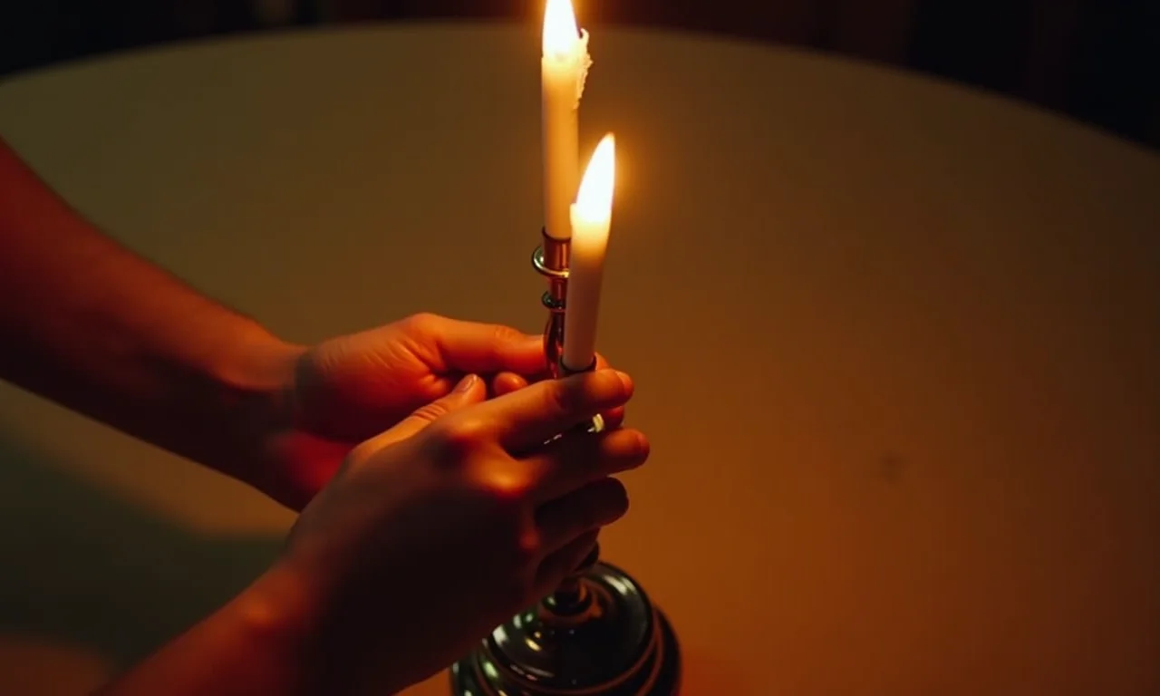 Guia passo a passo: mãos colocando velas em castiçais na mesa.