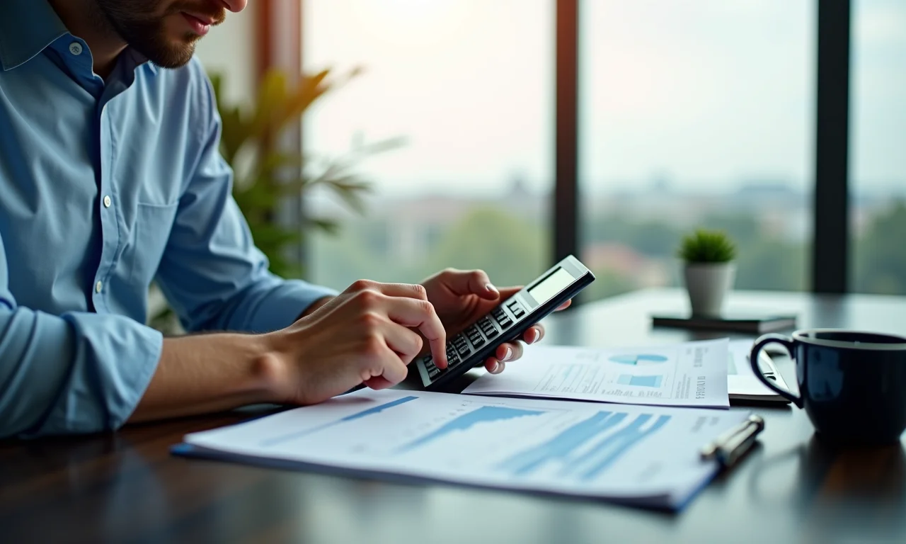 Homem de negócios calculando custos de uso de heliponto em escritório moderno.