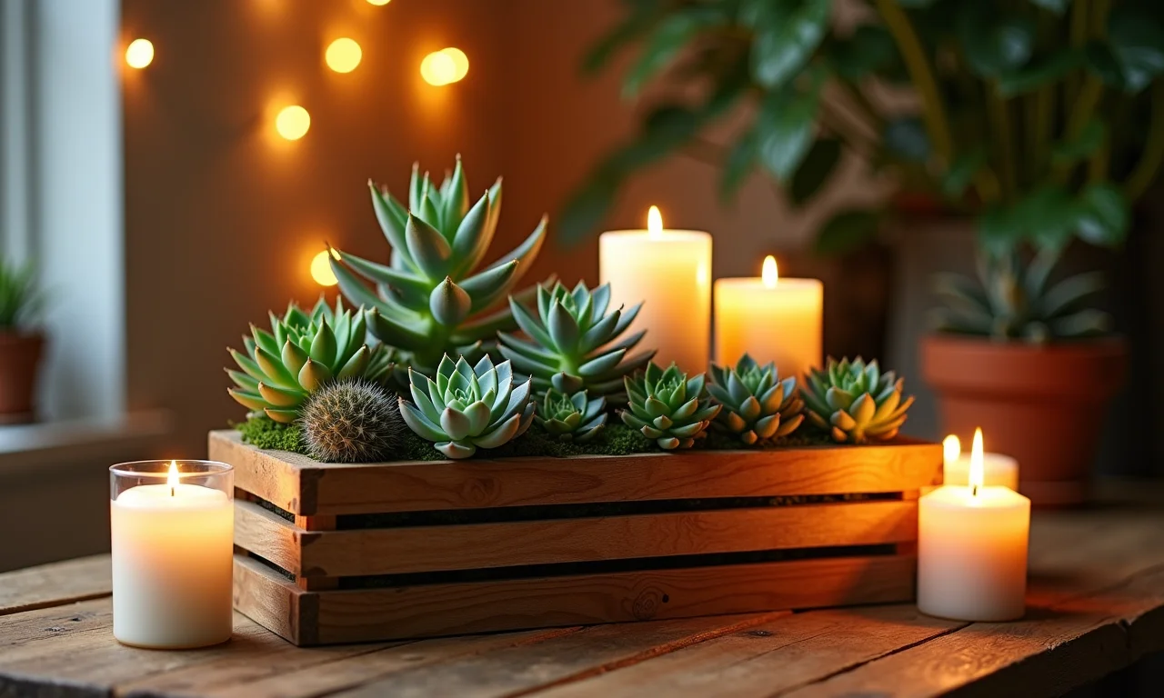 Ideias criativas para decorar caixas de madeira: suculentas, velas e luzes.