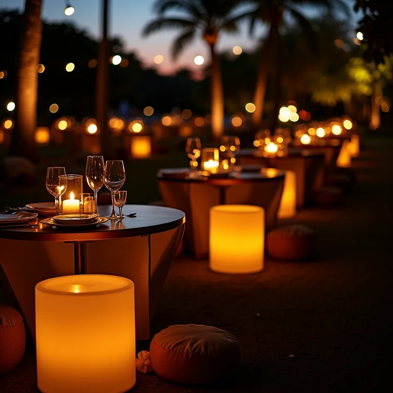 Iluminação aconchegante em recepção de casamento com pufes e bistrôs