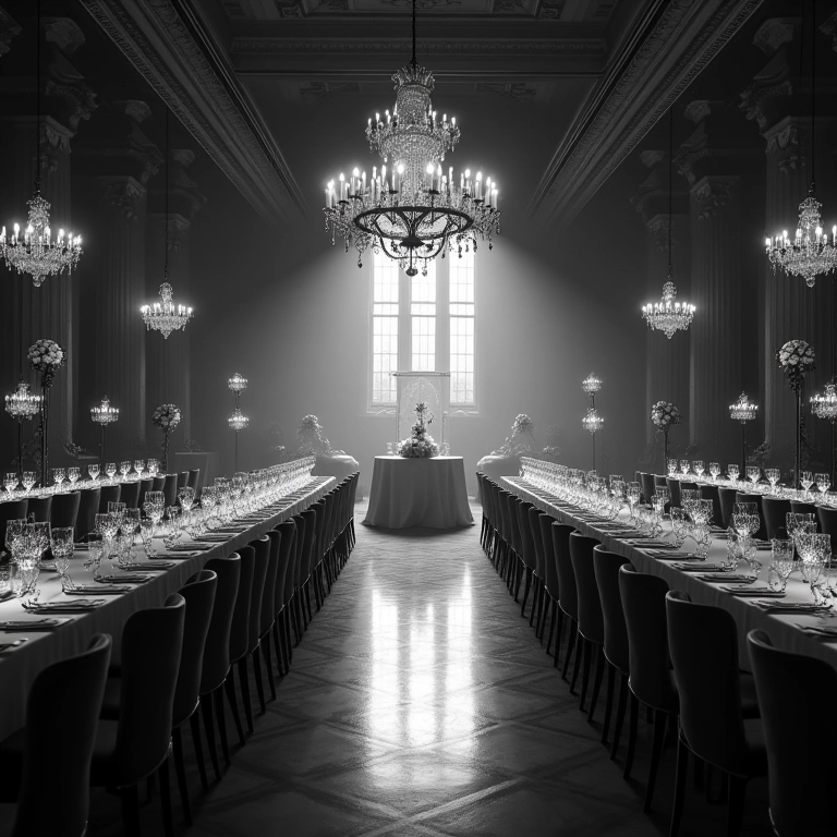 Iluminação cênica em tons de preto e branco em um casamento.