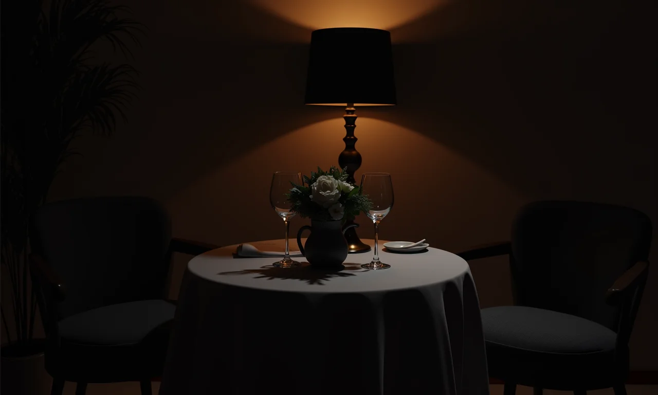 Iluminação cênica focada em detalhes pretos na decoração de um casamento.