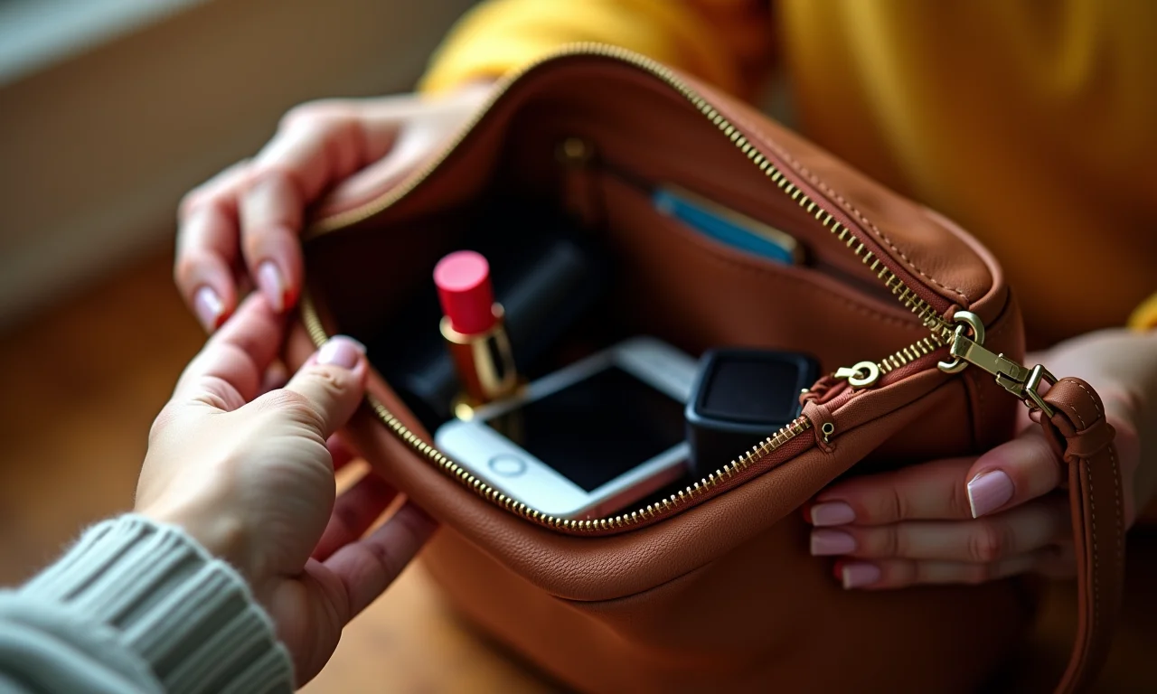 Interior de uma bolsa mostrando itens essenciais.