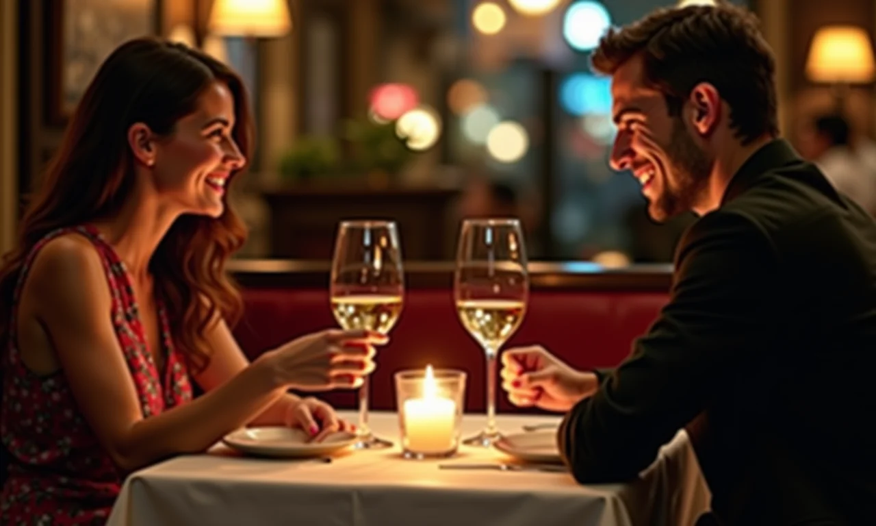 Jantar romântico em um bistrô parisiense, com velas e um casal apaixonado.