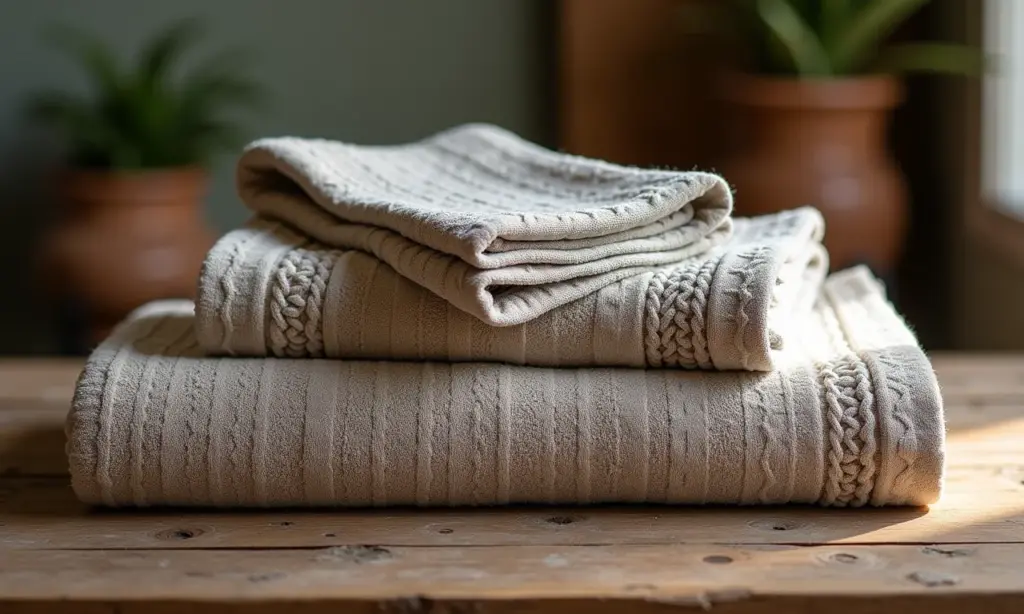 Jogo de toalhas jacquard exibindo textura detalhada sobre mesa de madeira rústica.