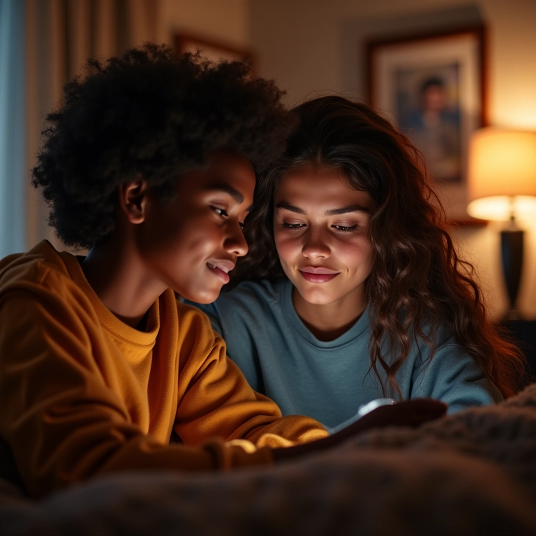 Jovem casal apaixonado em videochamada à distância.