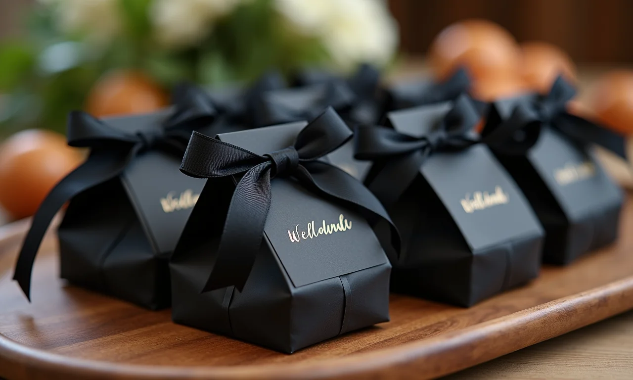 Lembrancinhas de casamento com embalagens pretas e fitas elegantes.