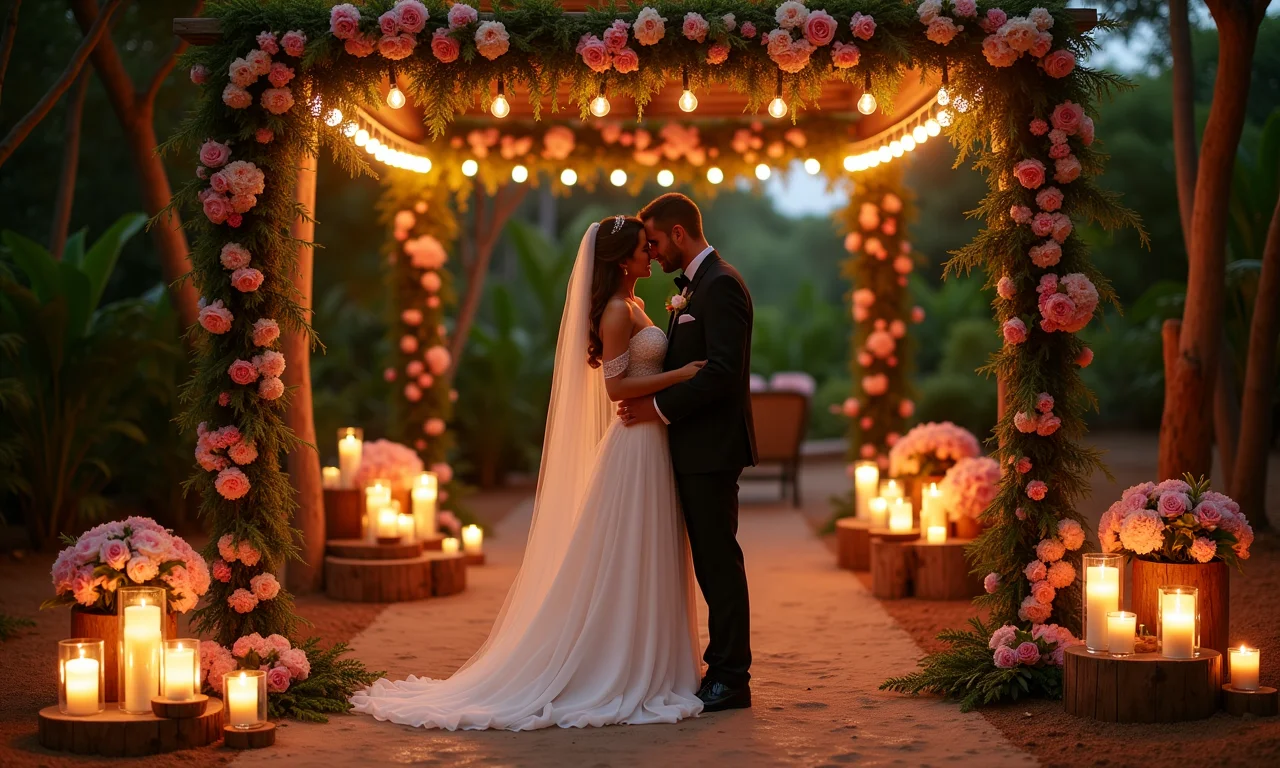 Local de casamento intimista decorado com flores brasileiras e iluminação aconchegante.